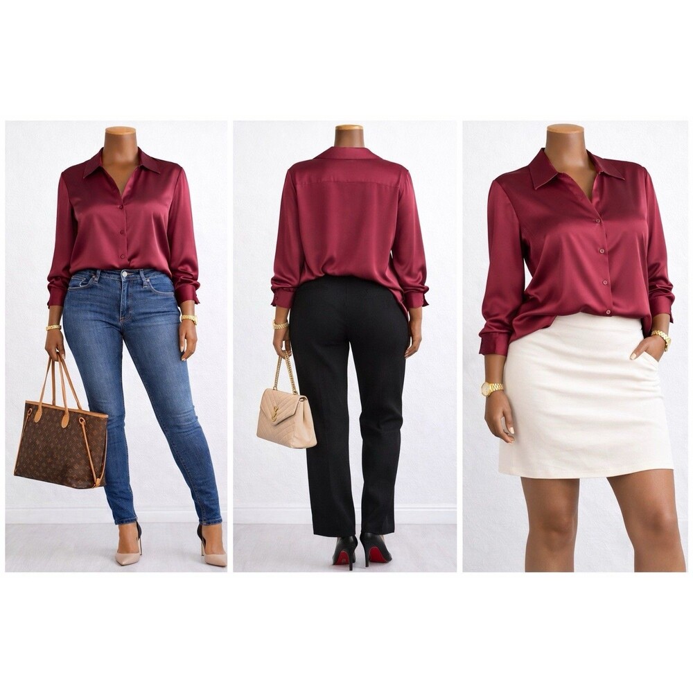Tess Women Silk Look Blouse L Burgundy Button Front Top Long Sleeve Satin Shiny